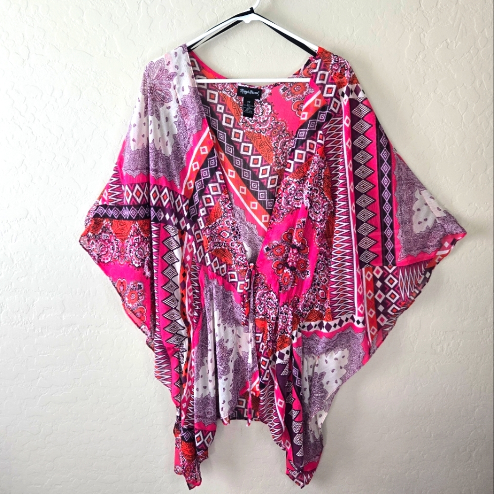 Maggie Barnes Bohemian Open Cardigan 2X Multicolor Kimono Sleeve Tie Waist